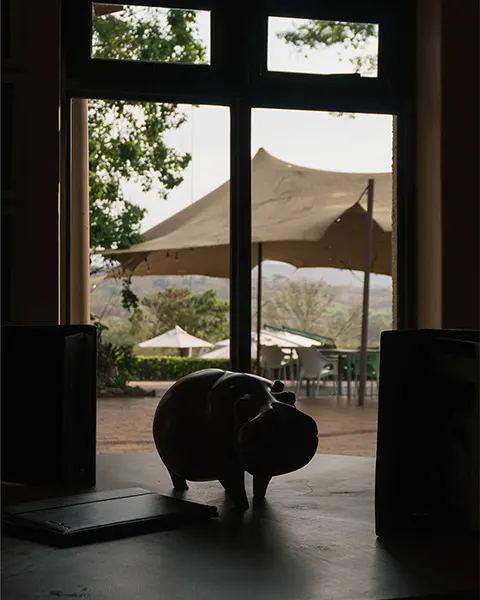 Hippo wooden sculpture in the lobby of Sabi Sun Resort hotel
